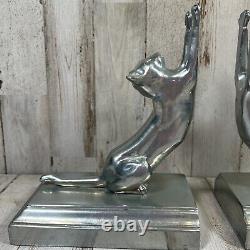 Pair of Art Deco Frankart Sarsaparilla Silver Cats Up & Down Bookends Vtg