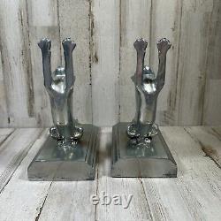 Pair of Art Deco Frankart Sarsaparilla Silver Cats Up & Down Bookends Vtg