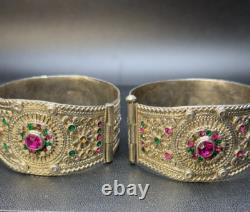 Pair of Handcrafted Afghan Tribal Pure Silver Bracelets Vintage Ethnic Jewelry