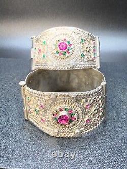 Pair of Handcrafted Afghan Tribal Pure Silver Bracelets Vintage Ethnic Jewelry