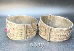 Pair of Handcrafted Afghan Tribal Pure Silver Bracelets Vintage Ethnic Jewelry
