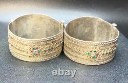 Pair of Handcrafted Afghan Tribal Pure Silver Bracelets Vintage Ethnic Jewelry