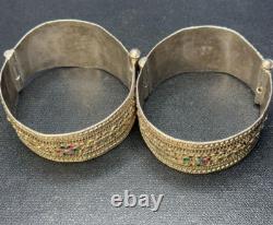 Pair of Handcrafted Afghan Tribal Pure Silver Bracelets Vintage Ethnic Jewelry