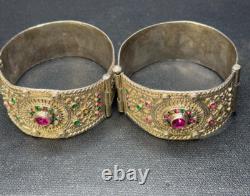 Pair of Handcrafted Afghan Tribal Pure Silver Bracelets Vintage Ethnic Jewelry