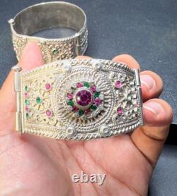 Pair of Handcrafted Afghan Tribal Pure Silver Bracelets Vintage Ethnic Jewelry