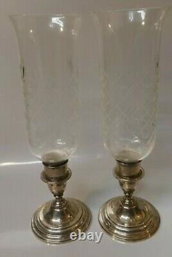 Pair of International Weighted Sterling Hurricane Candle Holders With Cut Crystal