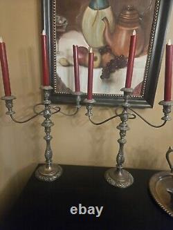 Pair of Large Vintage Silver Plate 3 Arm Candelabra, Candlestick Floral Details