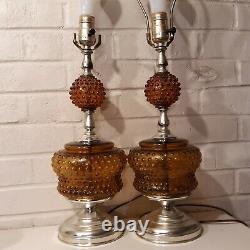 Pair of MCM Amber Glass Hobnail Lamps on Pedestal Electric Vintage