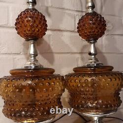 Pair of MCM Amber Glass Hobnail Lamps on Pedestal Electric Vintage