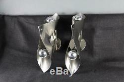 Pair of Mid Century Vintage Wall Sconces, Space Age 1970s Stainless Color