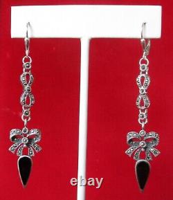 Pair of Rare Vintage 3-Inch Sterling Silver & Marcasite Earrings/Hippie/Boho