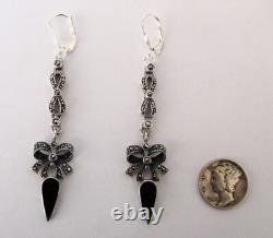 Pair of Rare Vintage 3-Inch Sterling Silver & Marcasite Earrings/Hippie/Boho