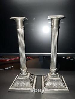 Pair of Silver-Plated Column Candlesticks, Etched Decoration and Beading VINTAGE