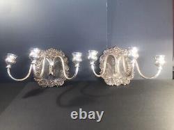 Pair of Silver plated wall scones/Art Nouveau/3 branches/Brackets/Candle Holder