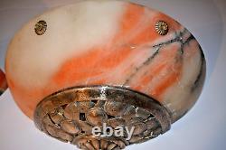 Pair of Silvered Bronze & Alabaster Wall Sconces Art Deco Vintage Light Fixtures