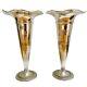 Pair Of Tall Polished Pewter Trumpet Vases 15.5h Vintage Silver Vases