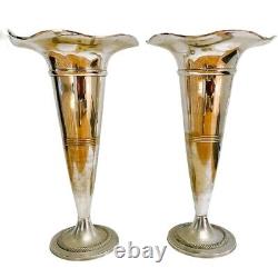 Pair of Tall Polished Pewter Trumpet Vases 15.5H Vintage Silver Vases