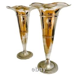 Pair of Tall Polished Pewter Trumpet Vases 15.5H Vintage Silver Vases