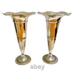 Pair of Tall Polished Pewter Trumpet Vases 15.5H Vintage Silver Vases