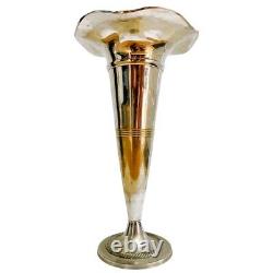 Pair of Tall Polished Pewter Trumpet Vases 15.5H Vintage Silver Vases