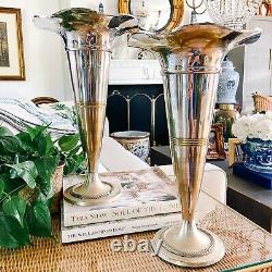 Pair of Tall Polished Pewter Trumpet Vases 15.5H Vintage Silver Vases
