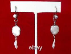 Pair of Vintage 2-Inch Coin Pearl Earrings With Sterling Silver Wires