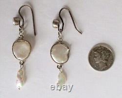 Pair of Vintage 2-Inch Coin Pearl Earrings With Sterling Silver Wires