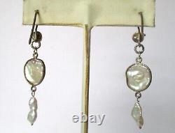 Pair of Vintage 2-Inch Coin Pearl Earrings With Sterling Silver Wires