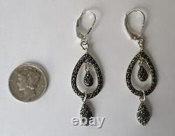 Pair of Vintage 2-Inch Marcasite & Sterling Silver Earrings/Boho/Hippie