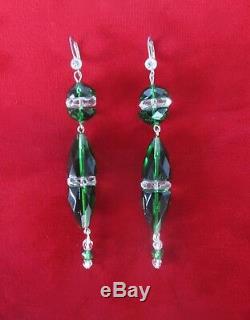 Pair of Vintage 3 3/4-Inch Deco Green & Clear Crystal Sterling Silver Earrings