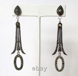 Pair of Vintage 3-Inch Art-Deco Sterling Silver & Marcasite Earrings/Boho