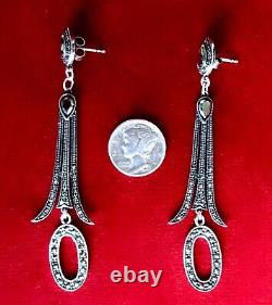 Pair of Vintage 3-Inch Art-Deco Sterling Silver & Marcasite Earrings/Boho