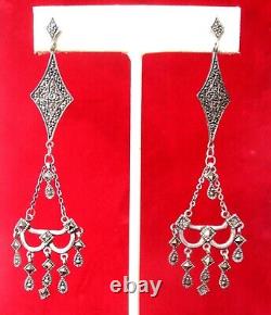 Pair of Vintage 3-Inch Sterling & Marcasite Chandelier Earrings/Boho/Hippie