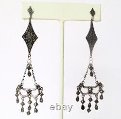 Pair of Vintage 3-Inch Sterling & Marcasite Chandelier Earrings/Boho/Hippie