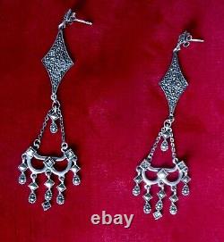 Pair of Vintage 3-Inch Sterling & Marcasite Chandelier Earrings/Boho/Hippie
