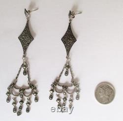 Pair of Vintage 3-Inch Sterling & Marcasite Chandelier Earrings/Boho/Hippie