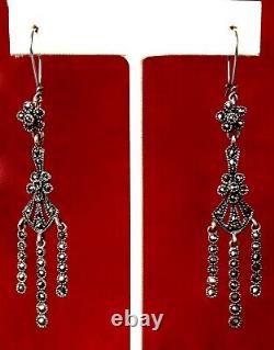 Pair of Vintage 3-Inch Sterling Silver & Marcasite Earrings/Boho/Shabby Chic