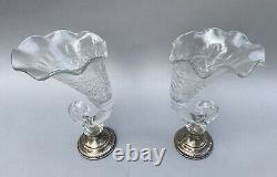 Pair of Vintage Antique 11 Cornucopia Vases with Sterling Silver Bases