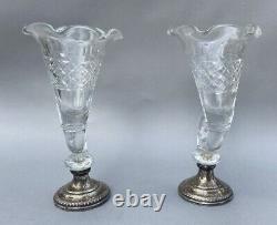 Pair of Vintage Antique 11 Cornucopia Vases with Sterling Silver Bases