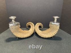 Pair of Vintage Authentic Rams Horn & Silver Candleholders