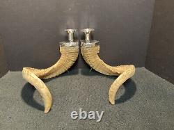 Pair of Vintage Authentic Rams Horn & Silver Candleholders