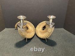Pair of Vintage Authentic Rams Horn & Silver Candleholders