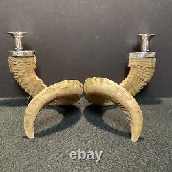 Pair of Vintage Authentic Rams Horn & Silver Candleholders