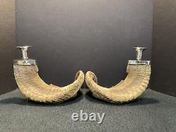 Pair of Vintage Authentic Rams Horn & Silver Candleholders