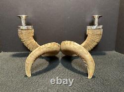 Pair of Vintage Authentic Rams Horn & Silver Candleholders