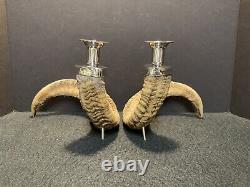 Pair of Vintage Authentic Rams Horn & Silver Candleholders