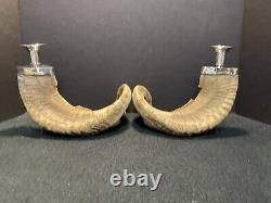 Pair of Vintage Authentic Rams Horn & Silver Candleholders