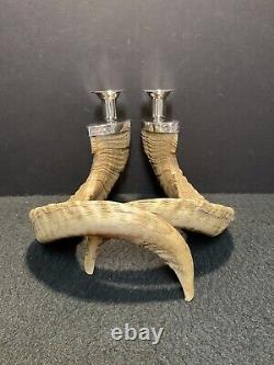 Pair of Vintage Authentic Rams Horn & Silver Candleholders