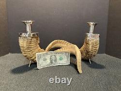 Pair of Vintage Authentic Rams Horn & Silver Candleholders