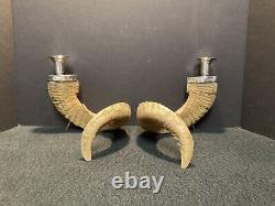Pair of Vintage Authentic Rams Horn & Silver Candleholders